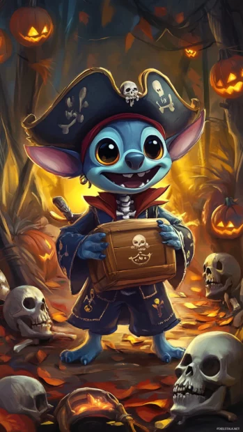 Stylish Halloween Stitch dressed as a pirate in a treasure hunt scene with skeletons.