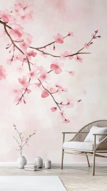 Stylish Japanese cherry blossom wallpaper focusing on minimalist pink and white tones.