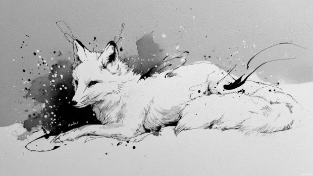 Stylized Arctic Fox drawn in fine ink lines with snowy ink splashes, monochrome concept art and elegance.