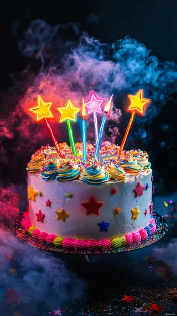 Stylized Birthday Cake topped with stars and neon lighting effects.