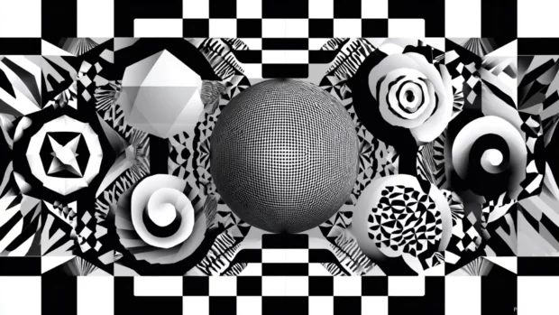Stylized Black and White Geometric design featuring optical illusions and twisting 3D shapes.