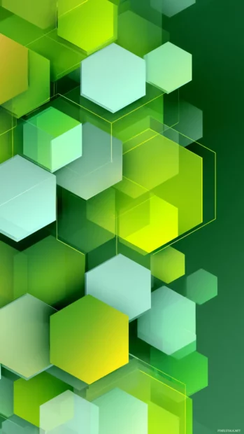 Stylized Green Geometric iPhone design with floating hexagons and light gradients.