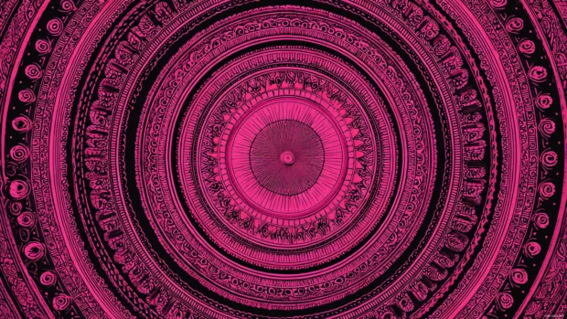Stylized pink geometric design featuring swirling symmetry and concentric patterns.