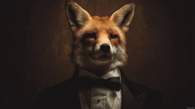 Stylized portrait of a Cool Fox in a tuxedo with a mysterious smile, velvet background, sharp lighting and refined elegance.