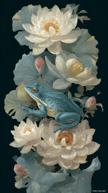Stylized vertical artwork of a Frog surrounded by floating lotus petals, calm and dreamlike composition.