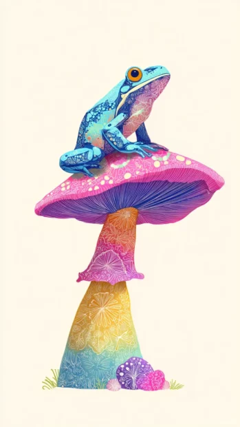 Stylized vertical vector art of a Cute Frog sitting on a giant mushroom with colorful patterns.