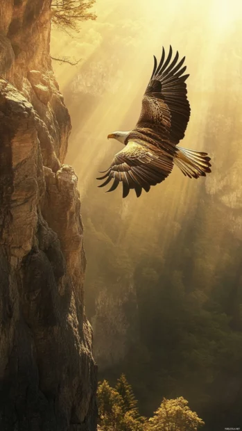 Sunlight casts golden rays on an eagle in flight against vertical cliffs.
