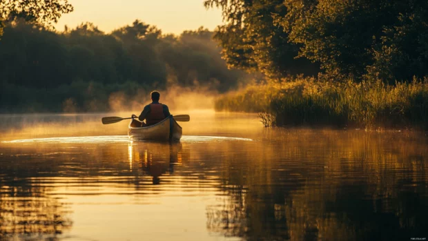 Sunrise light reflecting on a calm river while a man fishes from a canoe.