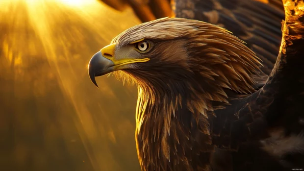 Sunset eagle wallpaper 4K with golden rays shining through feathers as the bird stretches its wings.