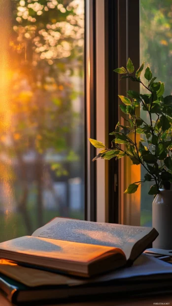 Sunset light casting gentle hues on a book lovers latest read.