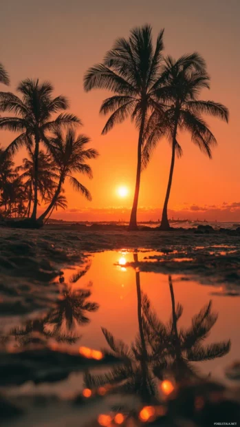 Sunset palm tree iPhone wallpaper showing dramatic orange sun dipping behind swaying palms reflected on wet sand.