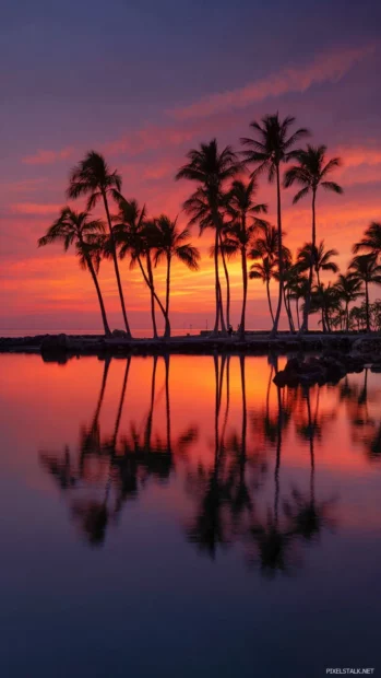 Sunset palm tree wallpaper mobile design capturing reflective lagoon framed by clustered palm silhouettes.