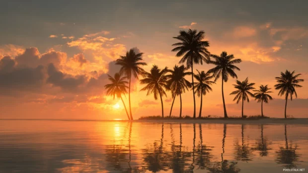 Sunset palm tree wallpapers featuring golden sun dipping behind clustered palms on tropical beach horizon.