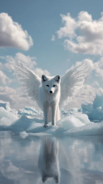 Surreal Arctic Fox with glacial wings standing on floating ice in the sky, vertical fantasy composition.