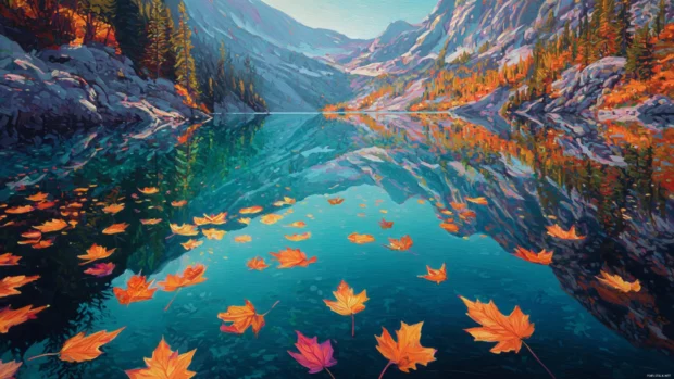 Surreal Fall vibes surrounding a mountain lake with floating autumn leaves and dreamy reflections, oil painting style.
