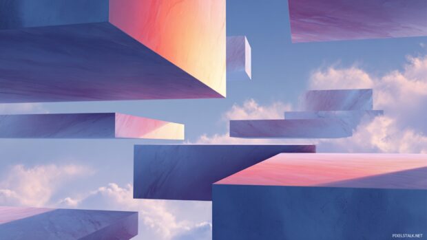 Surreal Geometric floating platforms suspended in space with sharp shadows and vivid gradients.