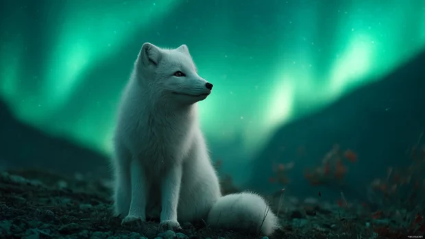 Surrounded by northern lights, an Arctic Fox sits still beneath a glowing green aurora, ethereal and tranquil scene.