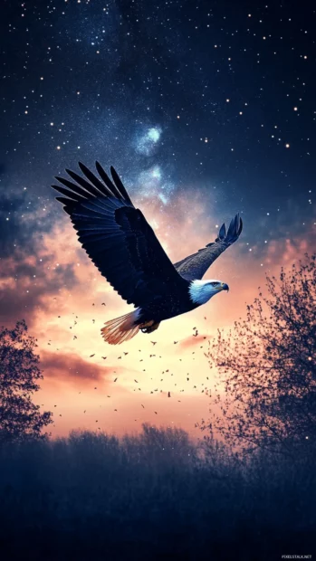 Surrounded by stars, an Eagle glides under a twilight sky.