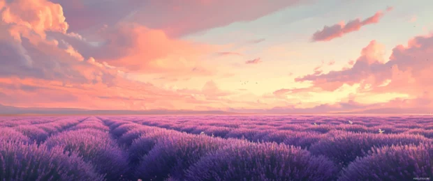 Sweeping lavender fields stretching to the horizon under soft pastel skies, 3440x1440 wallpaper.