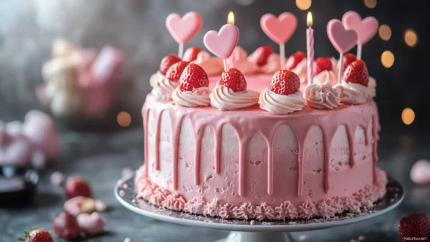 Sweet Birthday Cake with strawberry frosting and heart shaped decor.