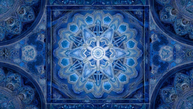 Symmetrical Blue Geometric shapes echoing a kaleidoscope effect with intricate radial balance.