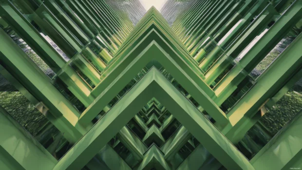 Symmetrical abstract structures built with Green Geometric triangles and fading edges.