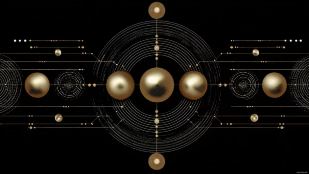 Symmetrical layout of golden orbs and lines forming a futuristic geometric pattern.