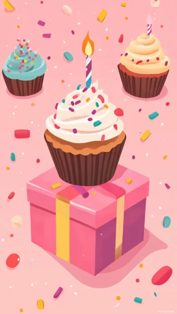 Tabletop with aesthetic birthday cupcakes and a single present.