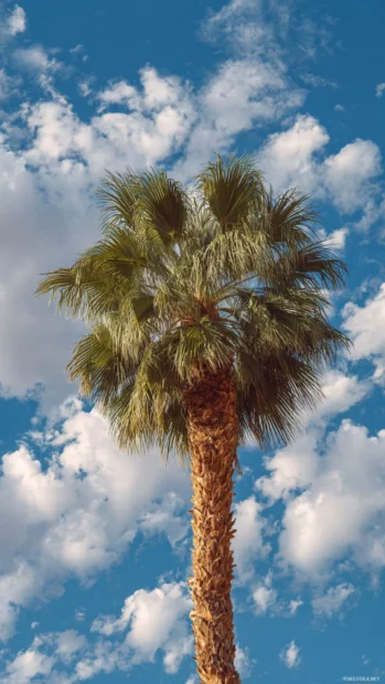 Tall Palm tree stretching toward the sky with scattered fluffy clouds in the background, crisp and airy.