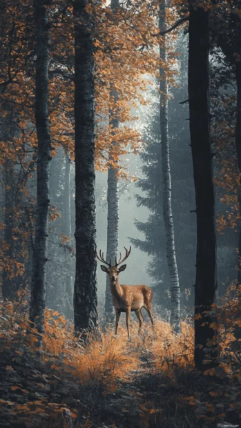 Tall trees surrounding a calm deer.