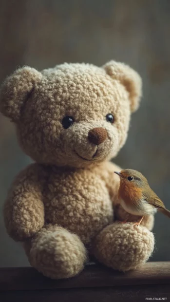 Teddy Bear and a tiny bird, plain background.
