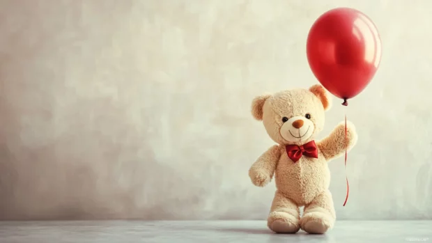 Teddy Bear holding a balloon with a plain light background.