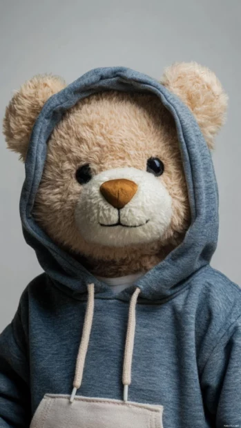 Teddy Bear in a hoodie with a light neutral background.