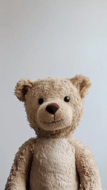Teddy Bear looking up with a gentle white backdrop.
