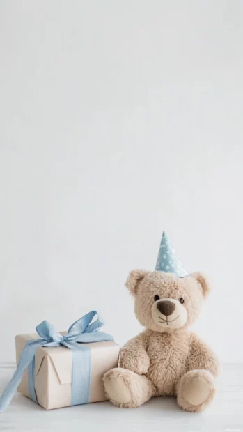 Teddy Bear next to a birthday gift, minimal white background.