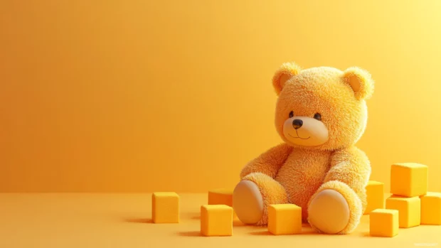 Teddy Bear playing with blocks, simple background.