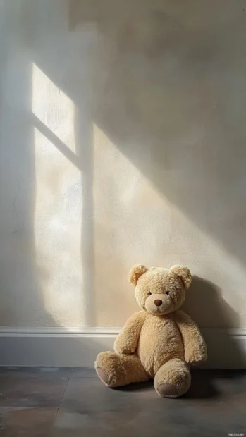 Teddy Bear resting against a wall with a solid light backdrop.