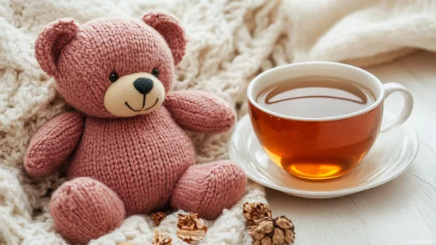 Teddy Bear sitting near a cup of tea, soft white background.