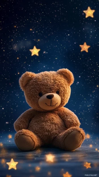 Teddy Bear surrounded by stars with a minimal backdrop.