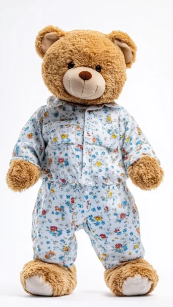 Teddy Bear wearing pajamas, white background.