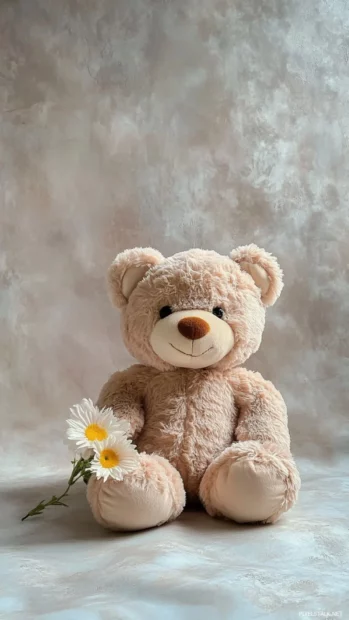 Teddy Bear with a small flower and plain pastel background.