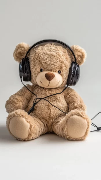 Teddy Bear with headphones enjoying music, plain background.