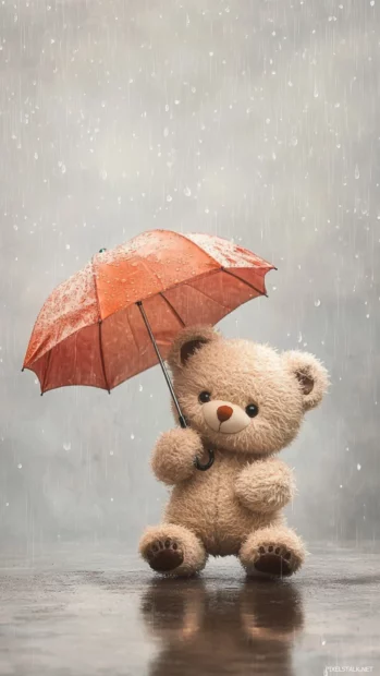 Teddy bear background portraying a small teddy bear holding an umbrella under light transparent raindrops on a plain gray background.