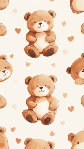 Teddy bear pattern wallpaper displaying cute teddy bear poses on a solid cream background with no additional elements.