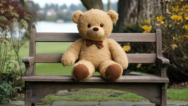 Teddy bear wallpaper displaying a classic teddy bear sitting on a wooden bench in a park setting.