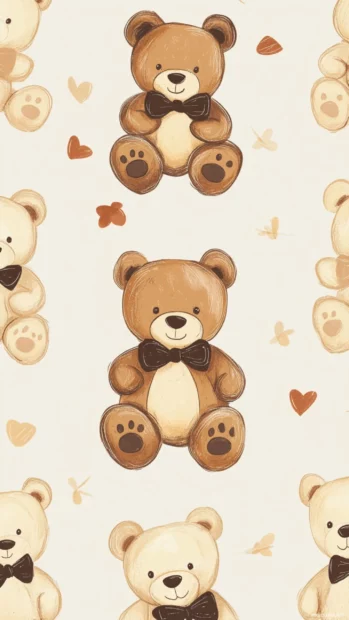 Teddy bear wallpaper featuring a pattern of classic teddy bears with bows on a pale yellow background.