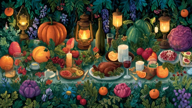 Thanksgiving feast set in the middle of a vibrant fall garden filled with seasonal fruits and glowing lanterns.