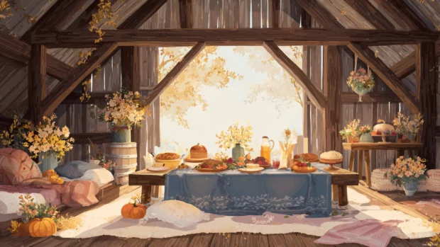 Thanksgiving feast spread across a rustic fall barn with cozy blankets, seasonal flowers, and golden leaves.