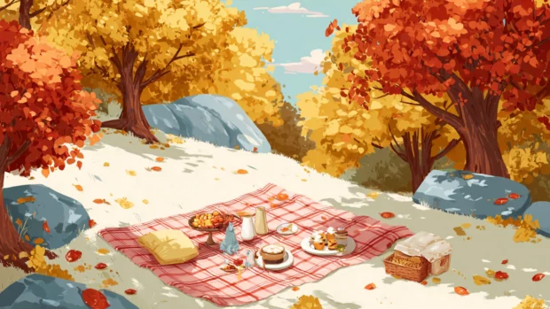 Thanksgiving picnic blanket set under golden fall trees with soft sunlight and festive treats.