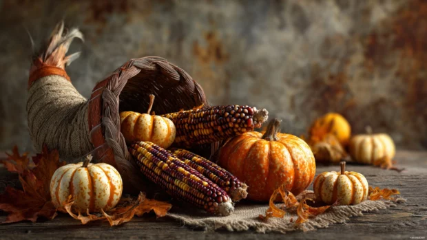 Thanksgiving pumpkin wallpaper showing a cornucopia overflowing with mini pumpkins and Indian corn on rustic table.